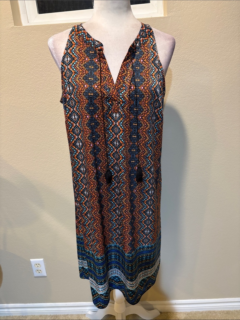 Tacera Orange and Blue Printed Midi Dress
